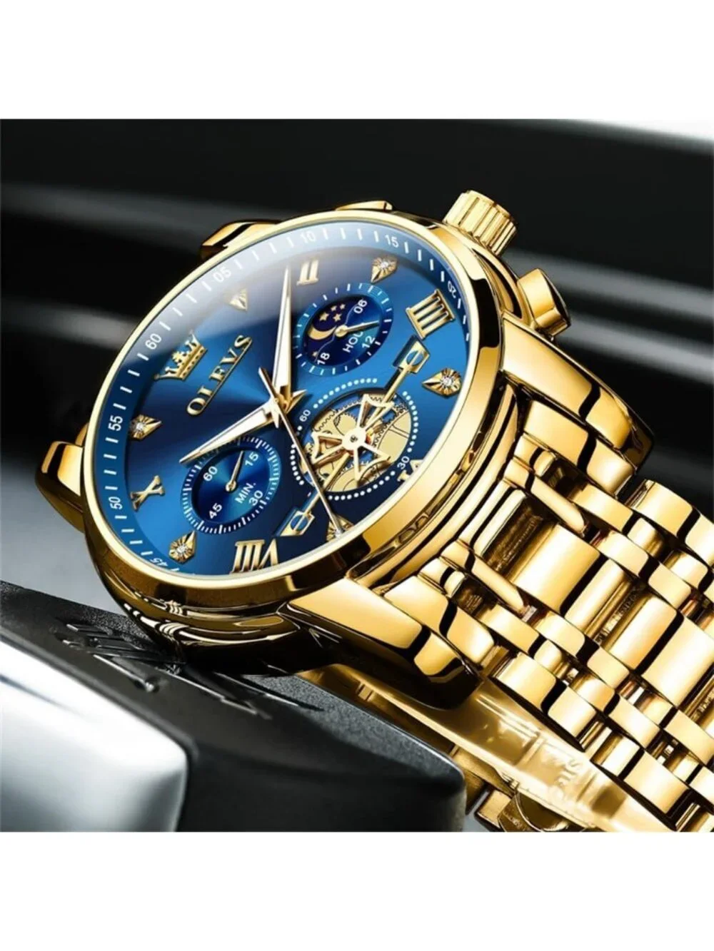 Men's Gold-Blue Stainless Steel Waterproof Big Face Multifunction Wrist Watch